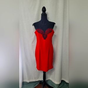 YesStyle Black Lace Neckline Red Dress